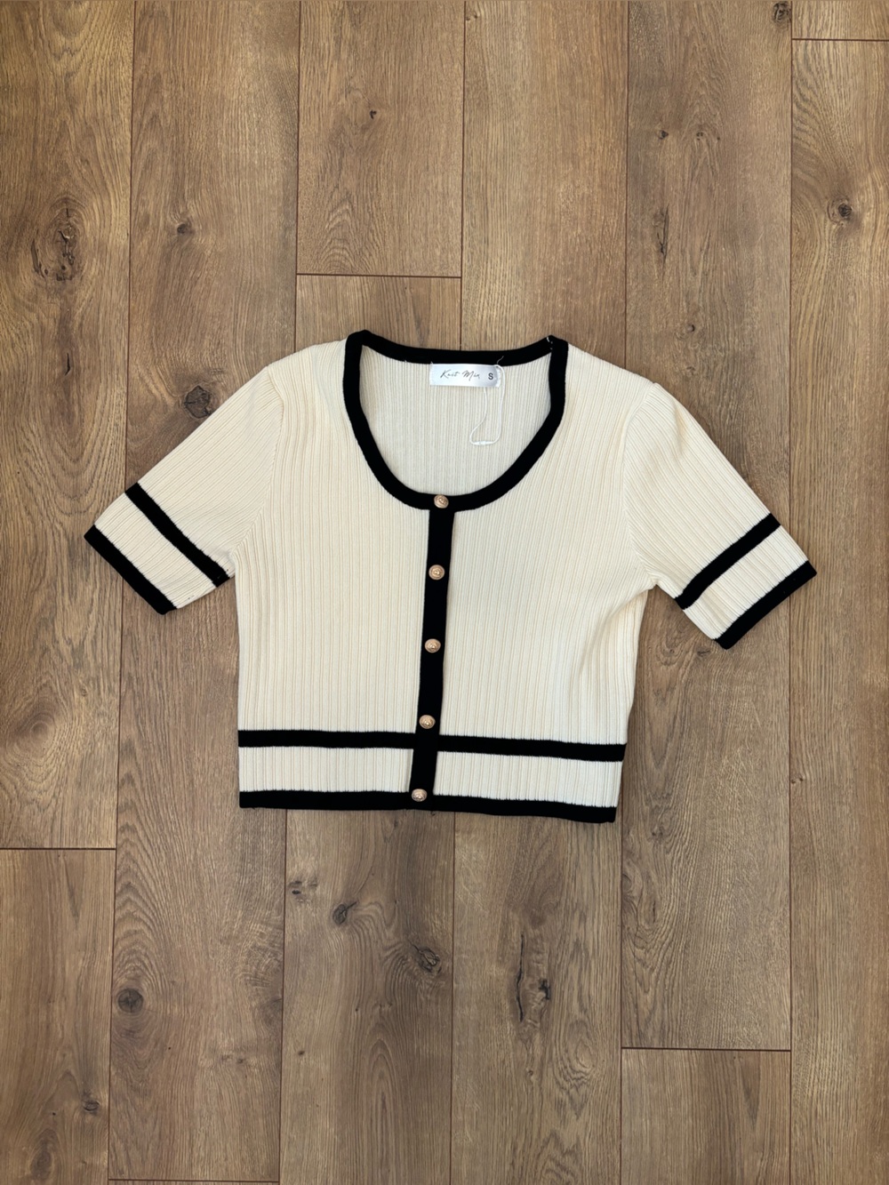 Free People Cream Short-Sleeve Button Cardigan with Black Trim